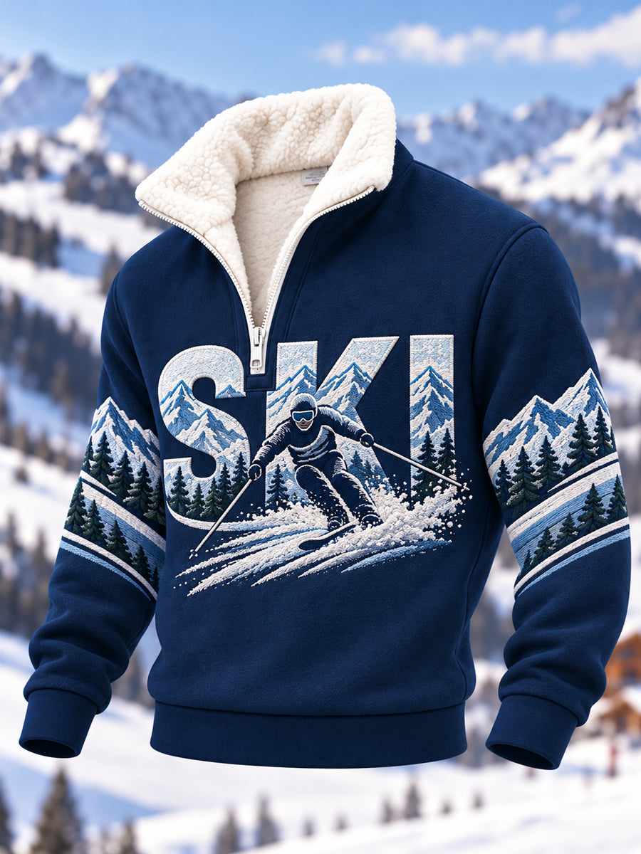 Men's Ski Lovers Ready For Ski Season Casual Plush Zipper Pullover