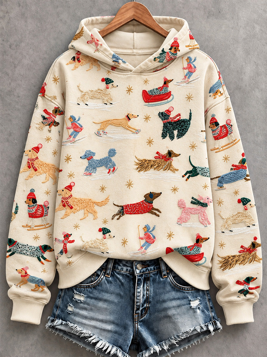 Women's Colorful Skiing Dogs Print Comfy Hooded Sweatshirt