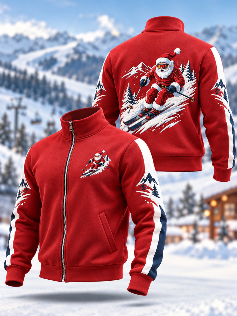 Men's Santa Claus Skiing Ready For Ski Season Casual Zipper Sweatshirt