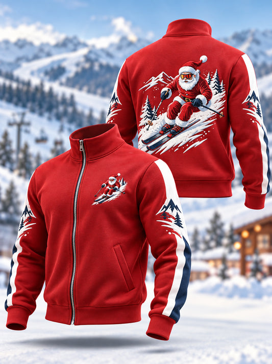 Men's Santa Claus Skiing Ready For Ski Season Casual Zipper Sweatshirt