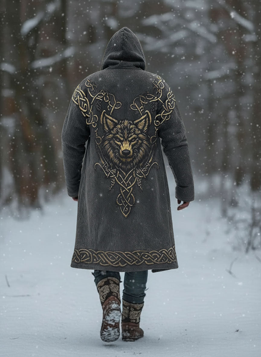 Men's Wolf Totem Dark Vintage Celtic Knot Printed Fleece-Lined Hooded Jacket