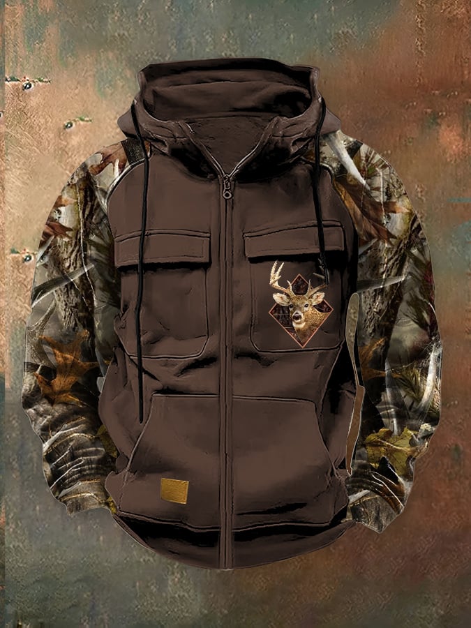 Men's Casual Retro Western Contrast Color Zipper Multifunctional Jacket