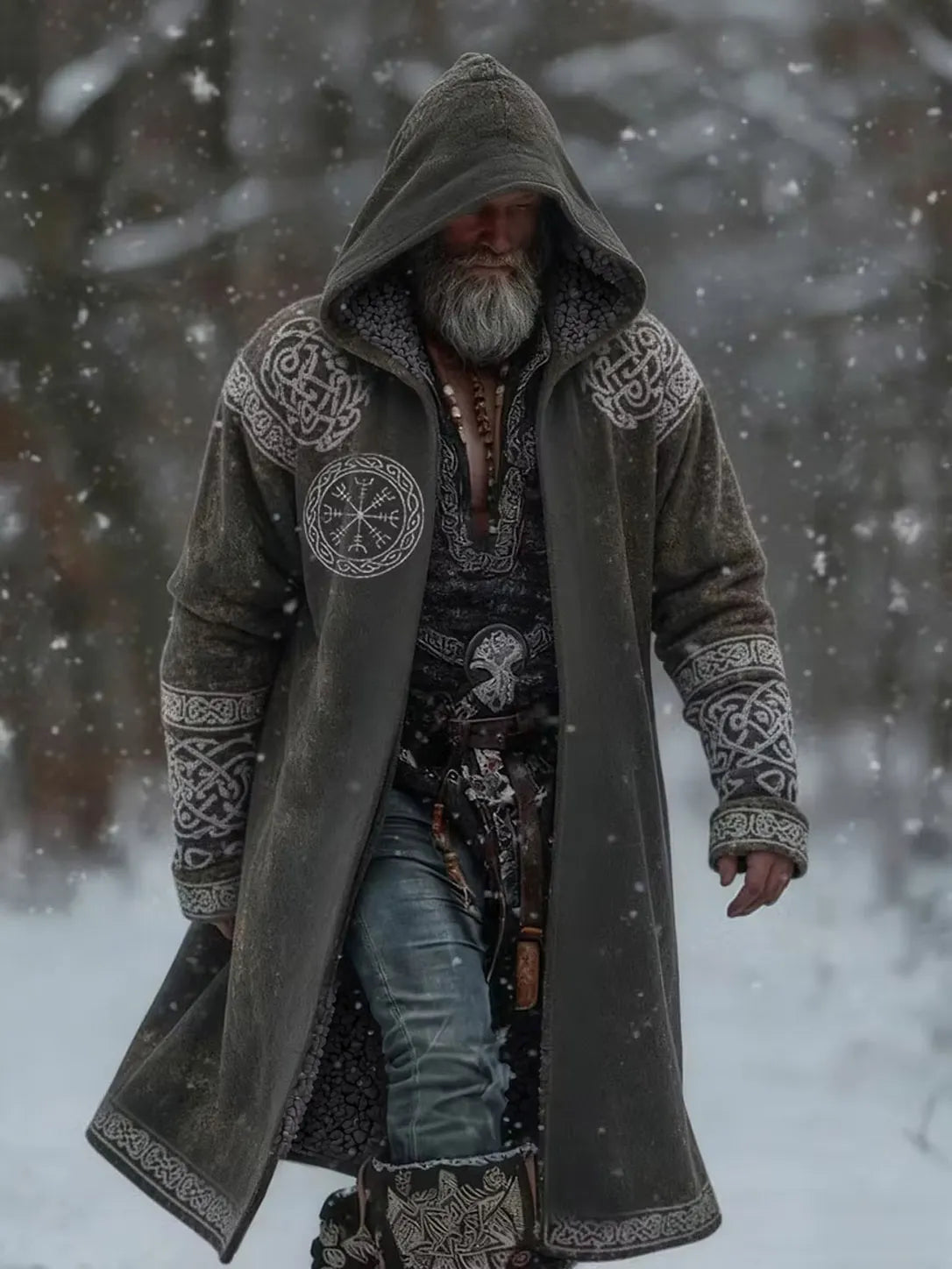 Men's Viking Raven Fleece-Lined Hooded Jacket - Gray Vintage Print