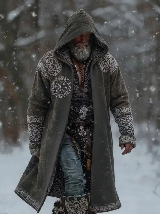 Men's Viking Raven Fleece-Lined Hooded Jacket - Gray Vintage Print