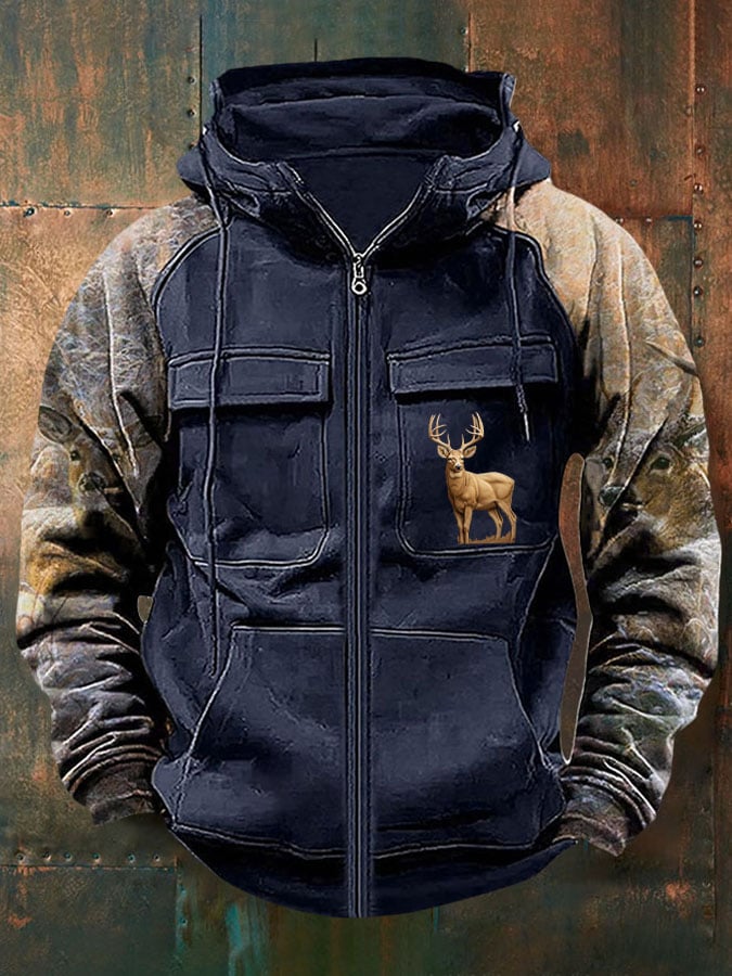 Men's Vintage Western Deer Print Multi-Pocket Jacket