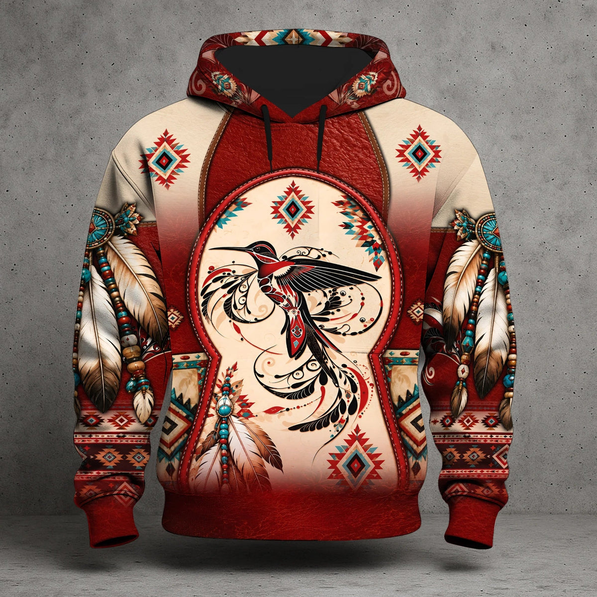 3D Hoodie Native American Faux Leather Vest Hoodie, Southwestern Tribal Eagle Feather Graphic