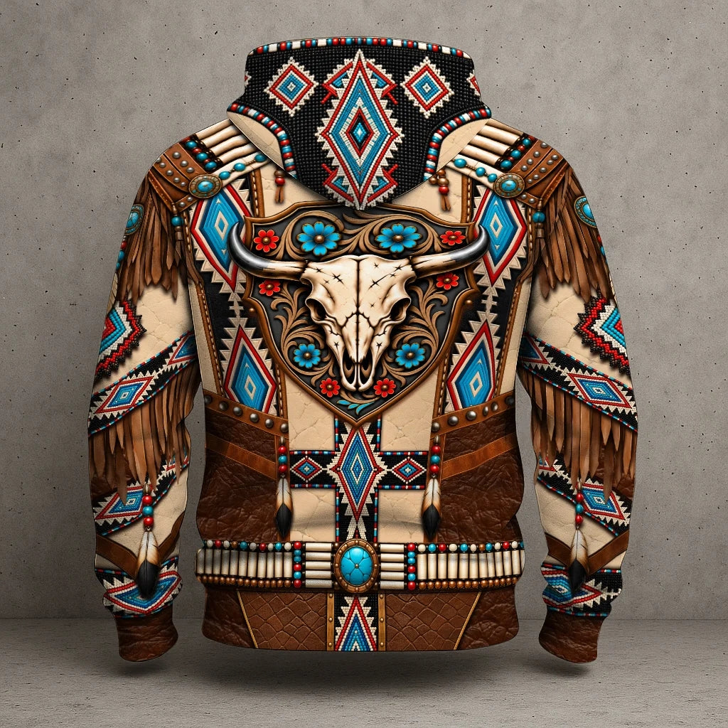 3D Hoodie Native American Faux Leather Vest Hoodie, Southwestern Tribal Eagle Feather Graphic