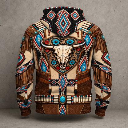 3D Hoodie Native American Faux Leather Vest Hoodie, Southwestern Tribal Eagle Feather Graphic
