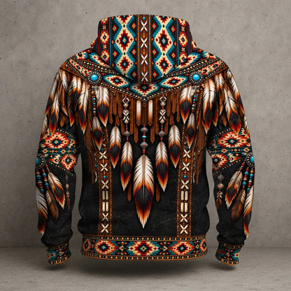 3D Hoodie Native American Faux Leather Vest Hoodie, Southwestern Tribal Eagle Feather Graphic