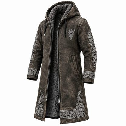 Men's Viking Tribal Totem Vintage Washed Print Fleece-Lined Hooded Jacket