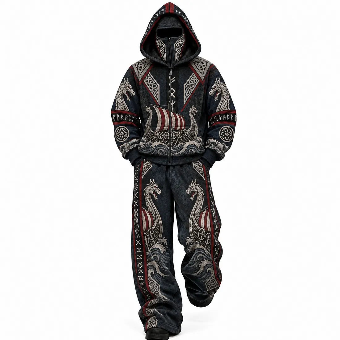 Navy Viking Dragon Longship Mask Hoodie Set