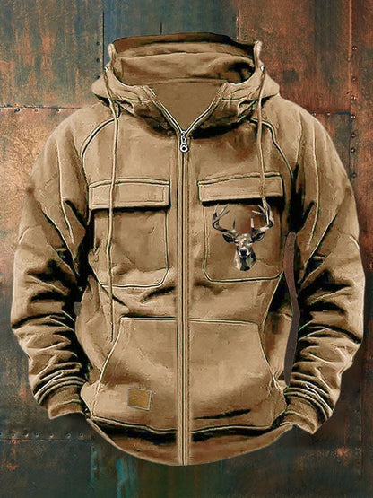Men's Vintage Western Deer Print Multi-Pocket Jacket