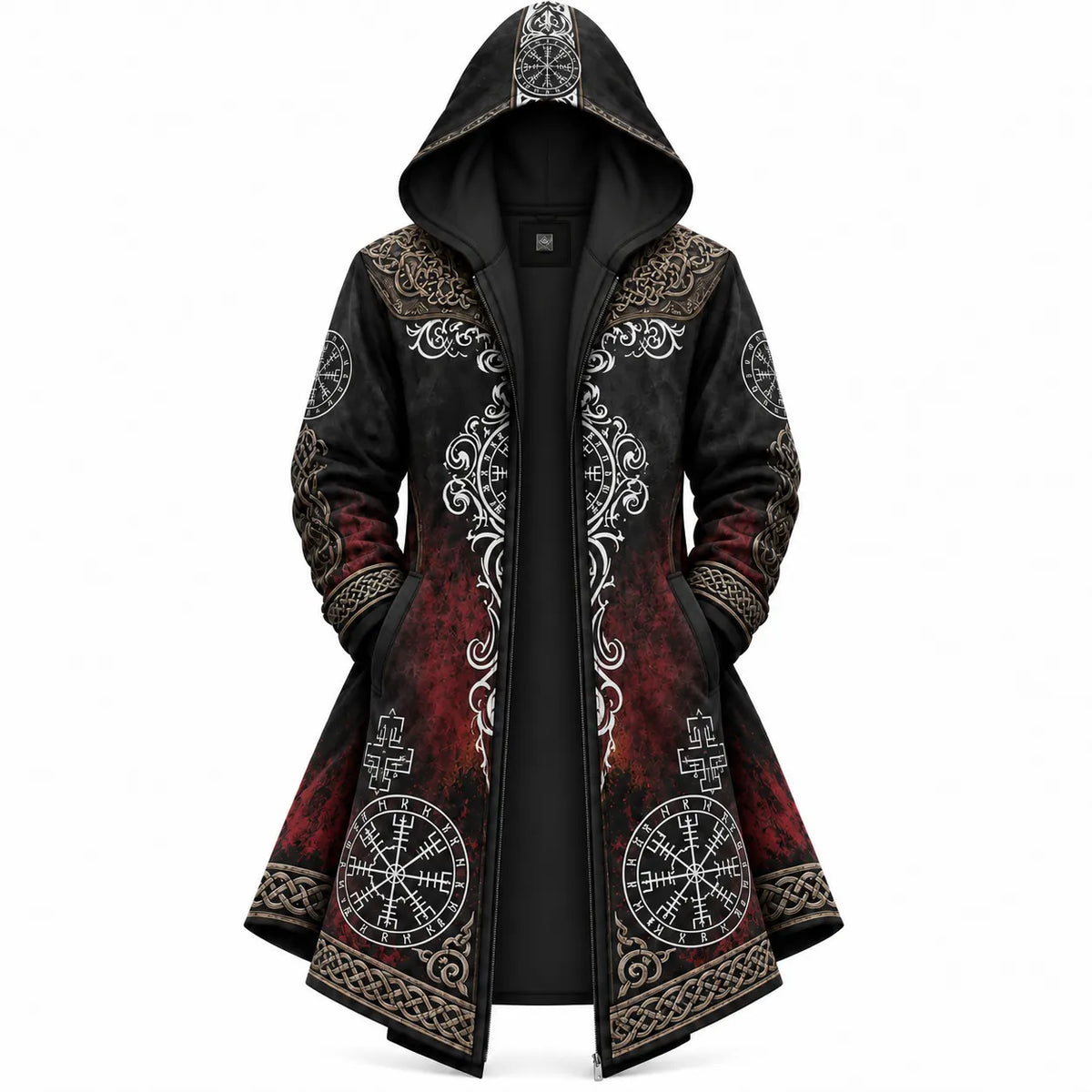 Black Red Viking Rune Compass Zip-Up Hooded Jacket
