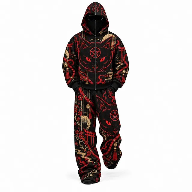 Black Japanese Occult Cat Mask Hoodie Tracksuit Set