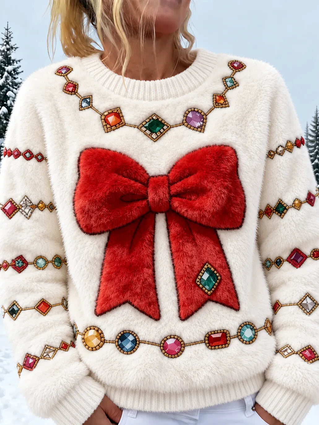Women's Christmas Bow Gemstone Art Print Casual Flannel Sweatshirt