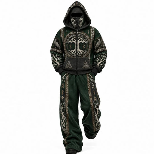 Dark Green Viking Tree Mask Hoodie Set