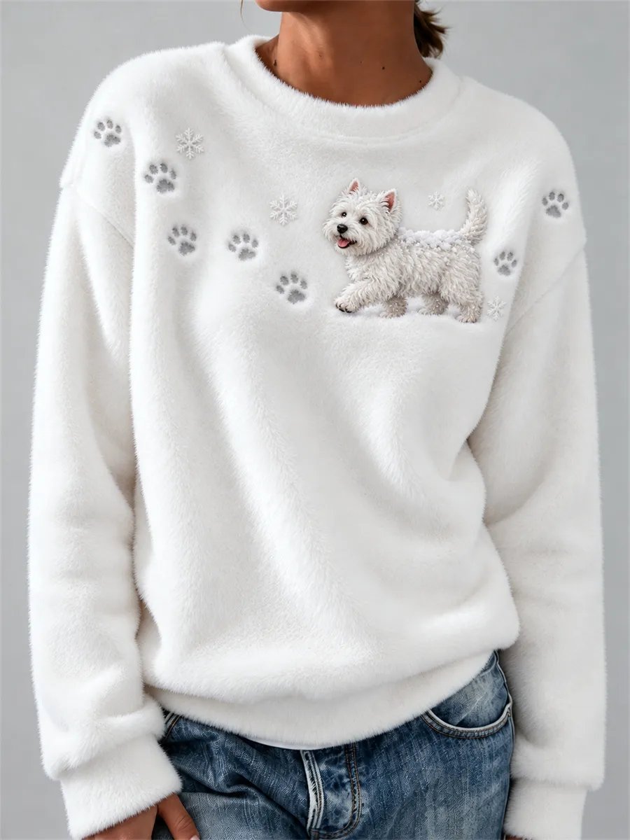 Women's West Highland White Terrier Dog in the Snow Paw Prints & Snowflakes Print Cozy Flannel Sweatshirt