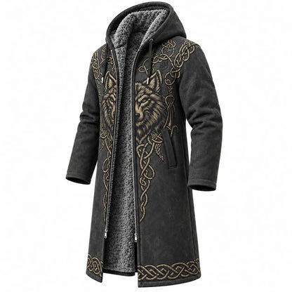 Men's Wolf Totem Dark Vintage Celtic Knot Printed Fleece-Lined Hooded Jacket