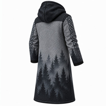 Slate Blue Gray Rune Print Longline Hooded Fleece Coat