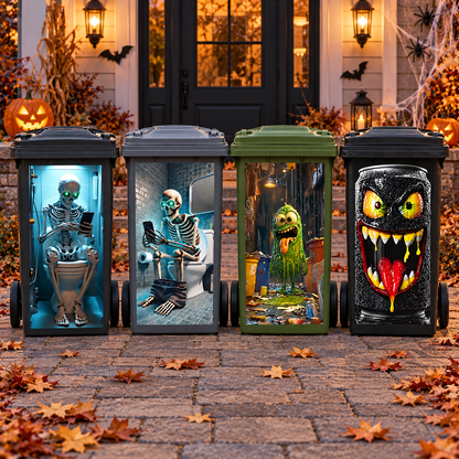 Halloween Trash Can Sticker - Self-Adhesive Skeleton & Monster Bin Decal