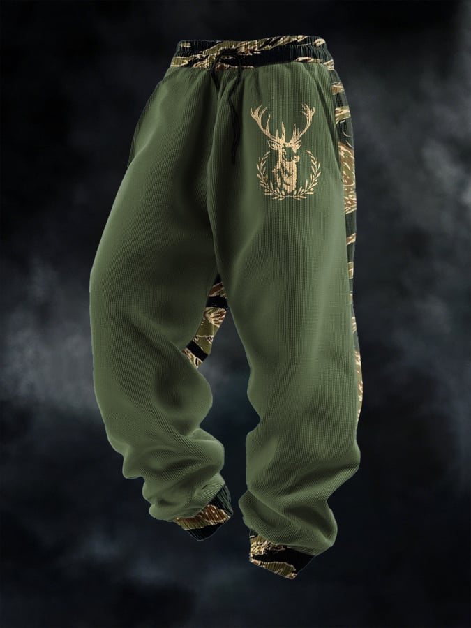Men's Casual Waffle Camouflage Elk Pattern Sweatpants