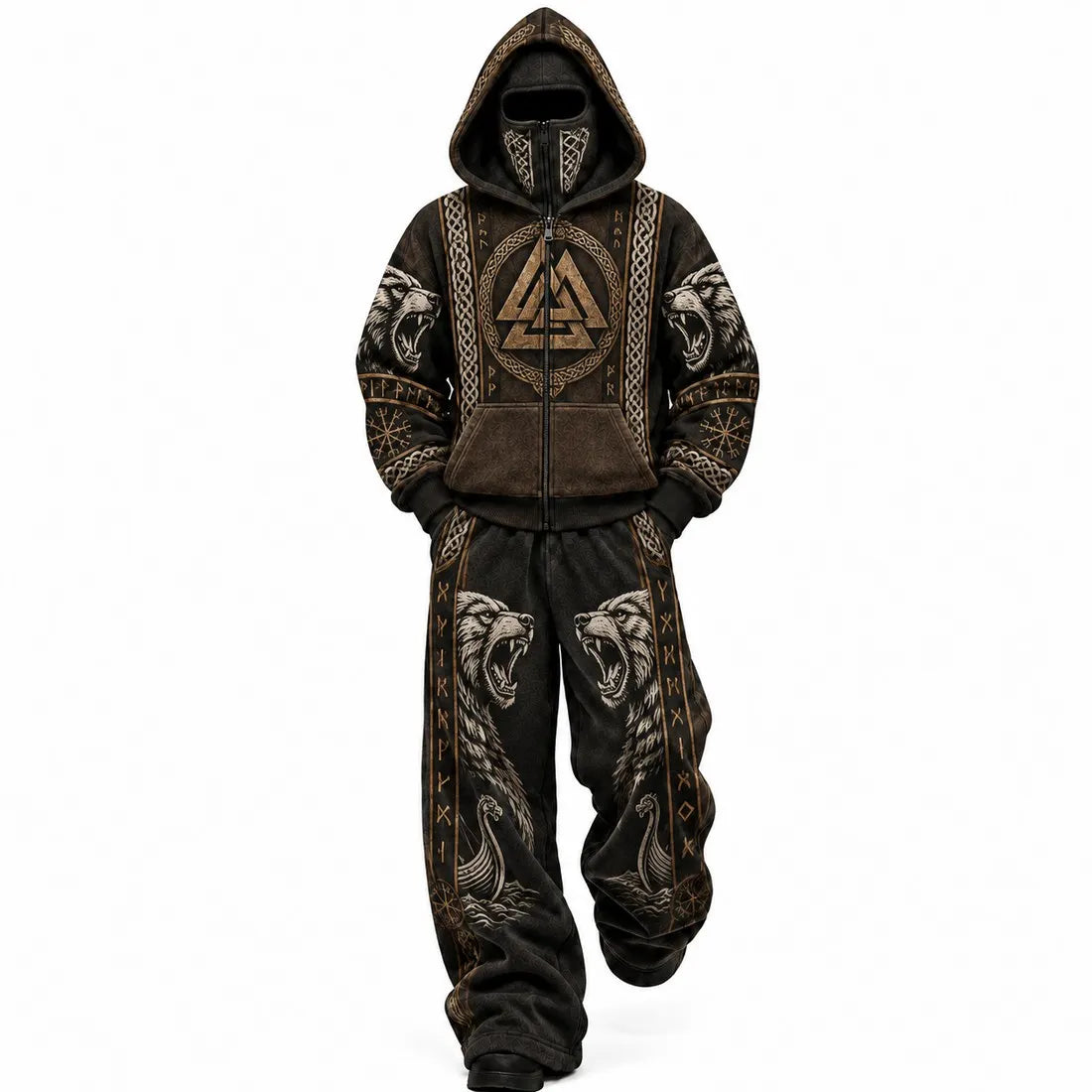 Dark Brown Viking Wolf Mask Hoodie Set