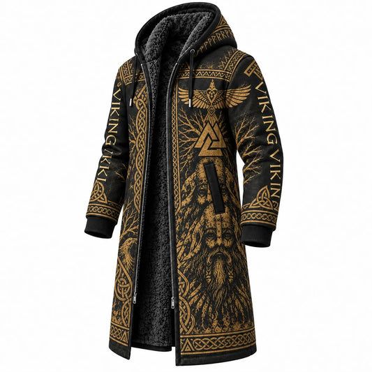 Black Gold Norse Symbol Print Longline Hooded Fleece Coat