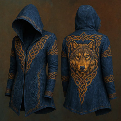 Men's Viking Wolf Hooded Jacket - Blue Black Brown Nordic Print