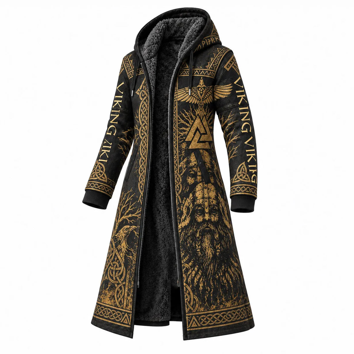 Black Gold Norse Symbol Print Longline Hooded Fleece Coat