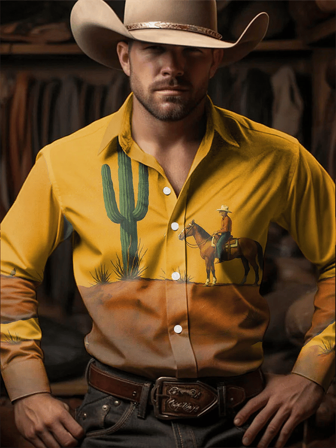 Men's Retro Western Contrast Print Long Sleeve Casual Shirt