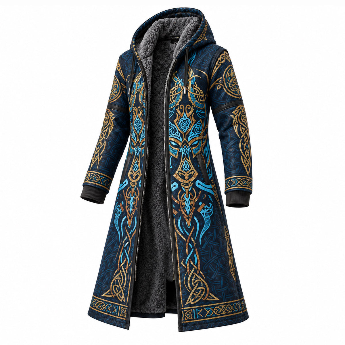Royal Blue Gold Nordic Pattern Longline Hooded Fleece Coat