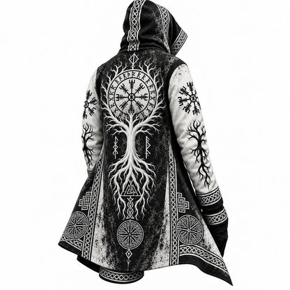 Black White Viking Rune Tree Zip-Up Hooded Jacket