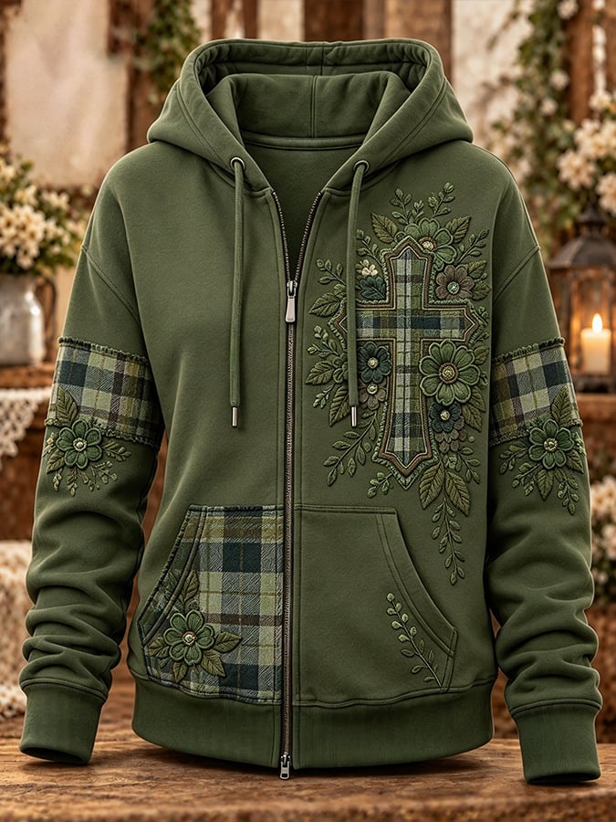 Women's Retro Camouflage Cross Pattern Patchwork Print Casual Hooded Sweatshirt