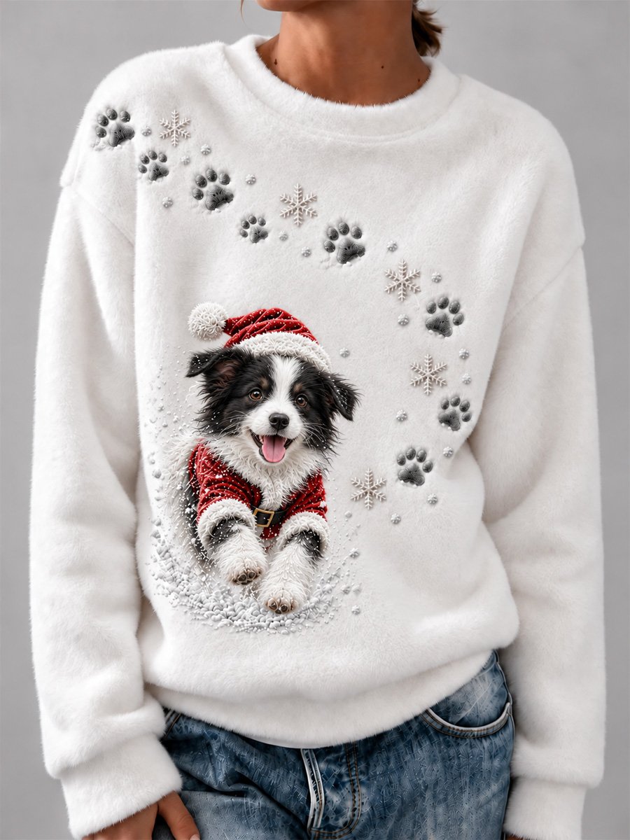 Women’s Cute Christmas Border Collie-Print Cozy Flannel Sweatshirt
