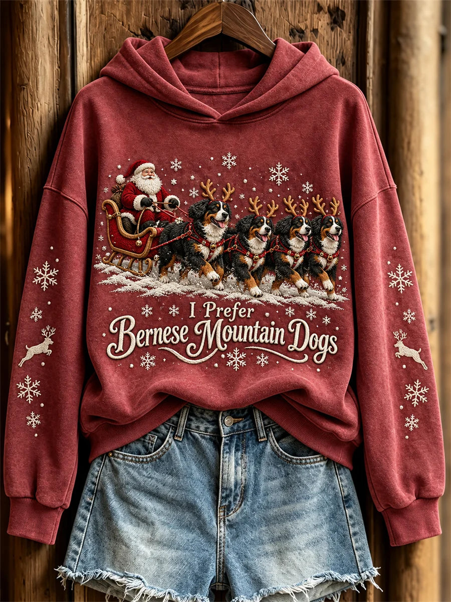 Women's Christmas I Prefer Bernese Mountain Dogs Santa Claus & Dogs Print Hoodie