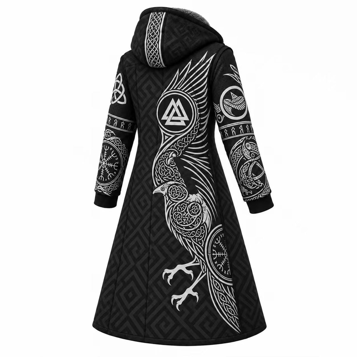Black Gray Norse Pattern Longline Hooded Fleece Coat