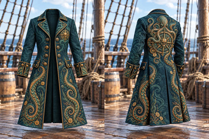 🐙 Men's Kraken Tentacles & Skull Compass Pirate Coat