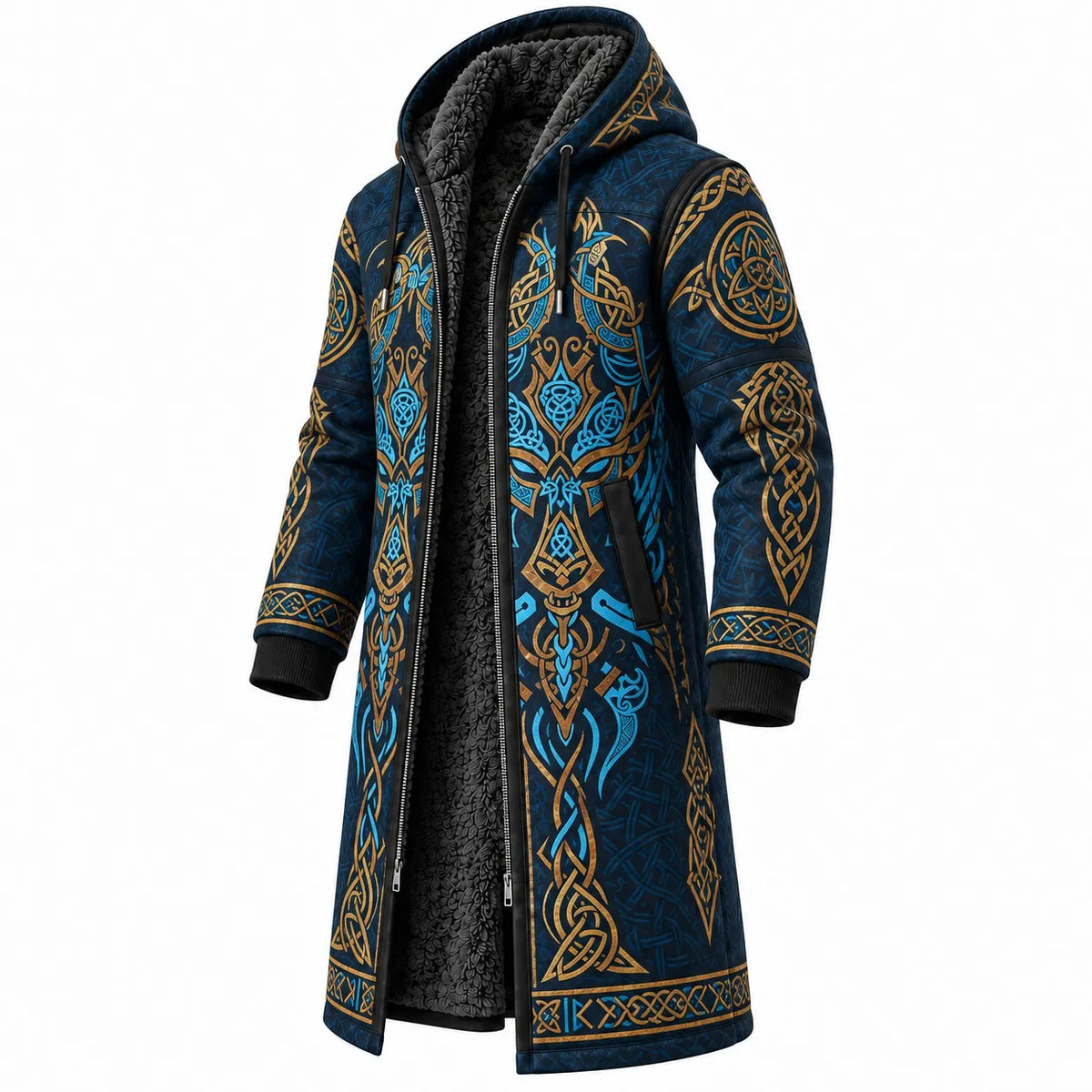 Royal Blue Gold Nordic Pattern Longline Hooded Fleece Coat