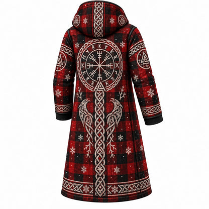 Red Viking Rune Plaid Fleece-Lined Long Coat