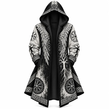 Black White Viking Winged Tree Zip-Up Hooded Jacket