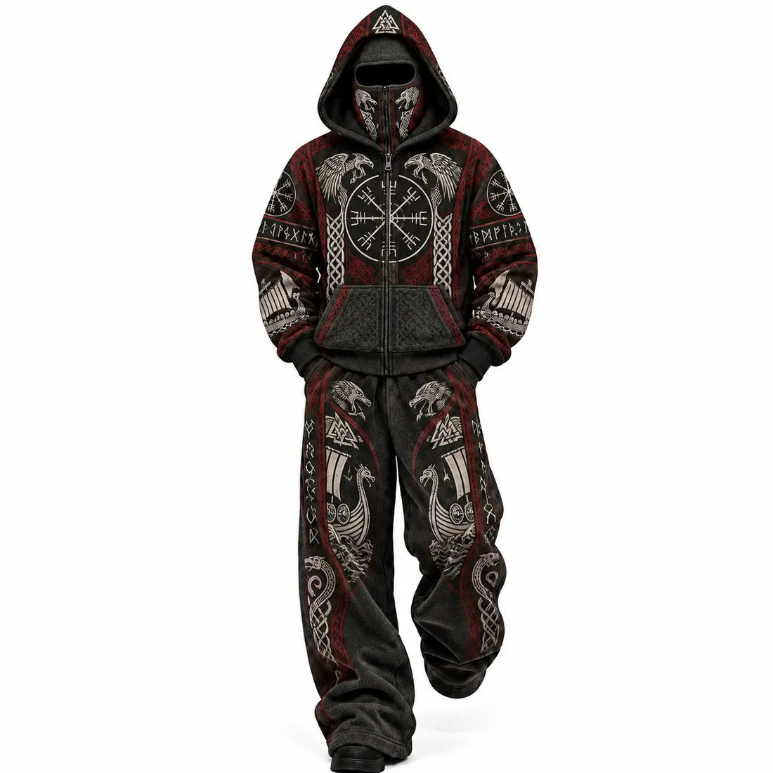 Black Viking Raven Compass Mask Hoodie Set