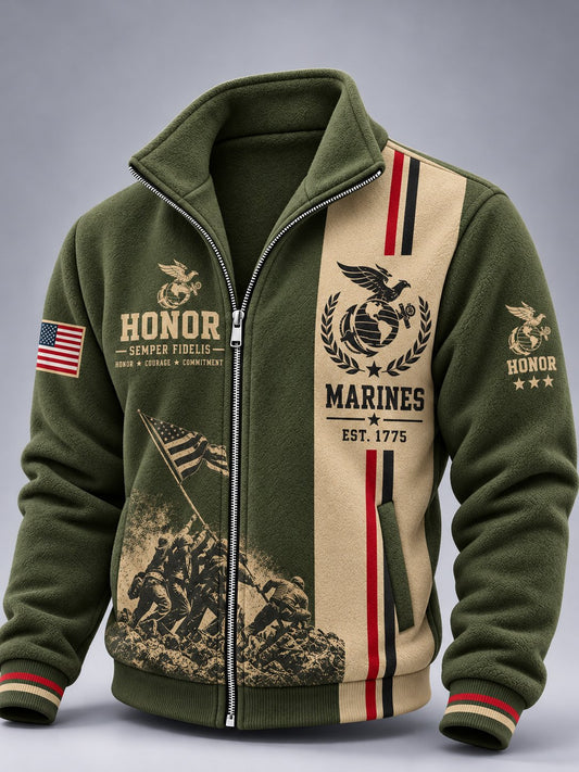 Men's Veterans Marines  Art Print Zip-Up Stand Collar Jacket