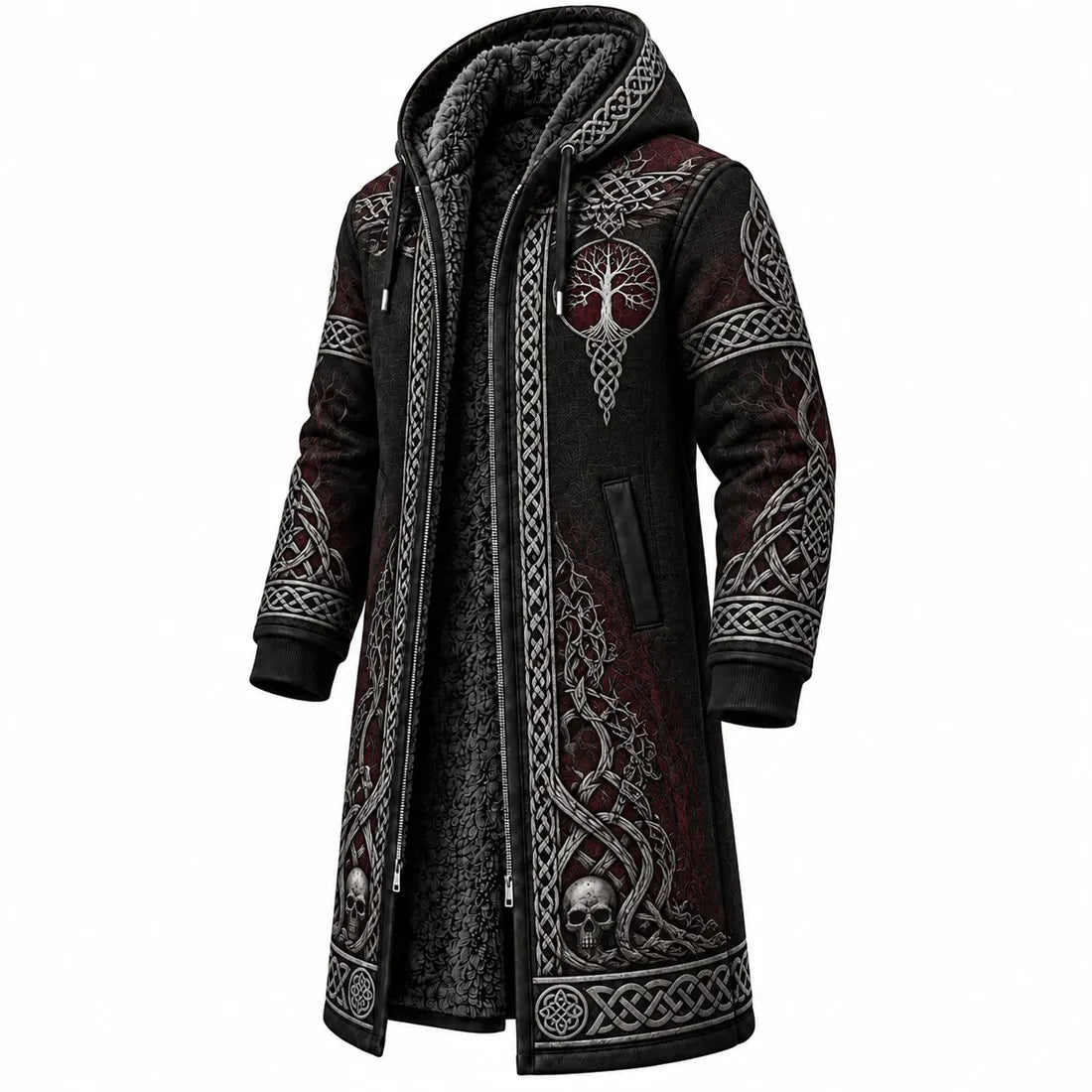 Black Viking Skull Tree Fleece-Lined Long Coat