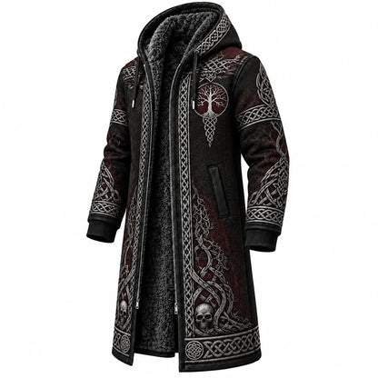 Black Viking Skull Tree Fleece-Lined Long Coat