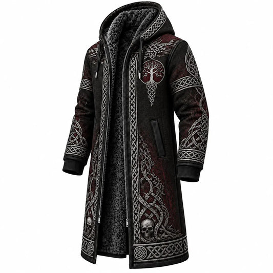 Black Viking Skull Tree Fleece-Lined Long Coat