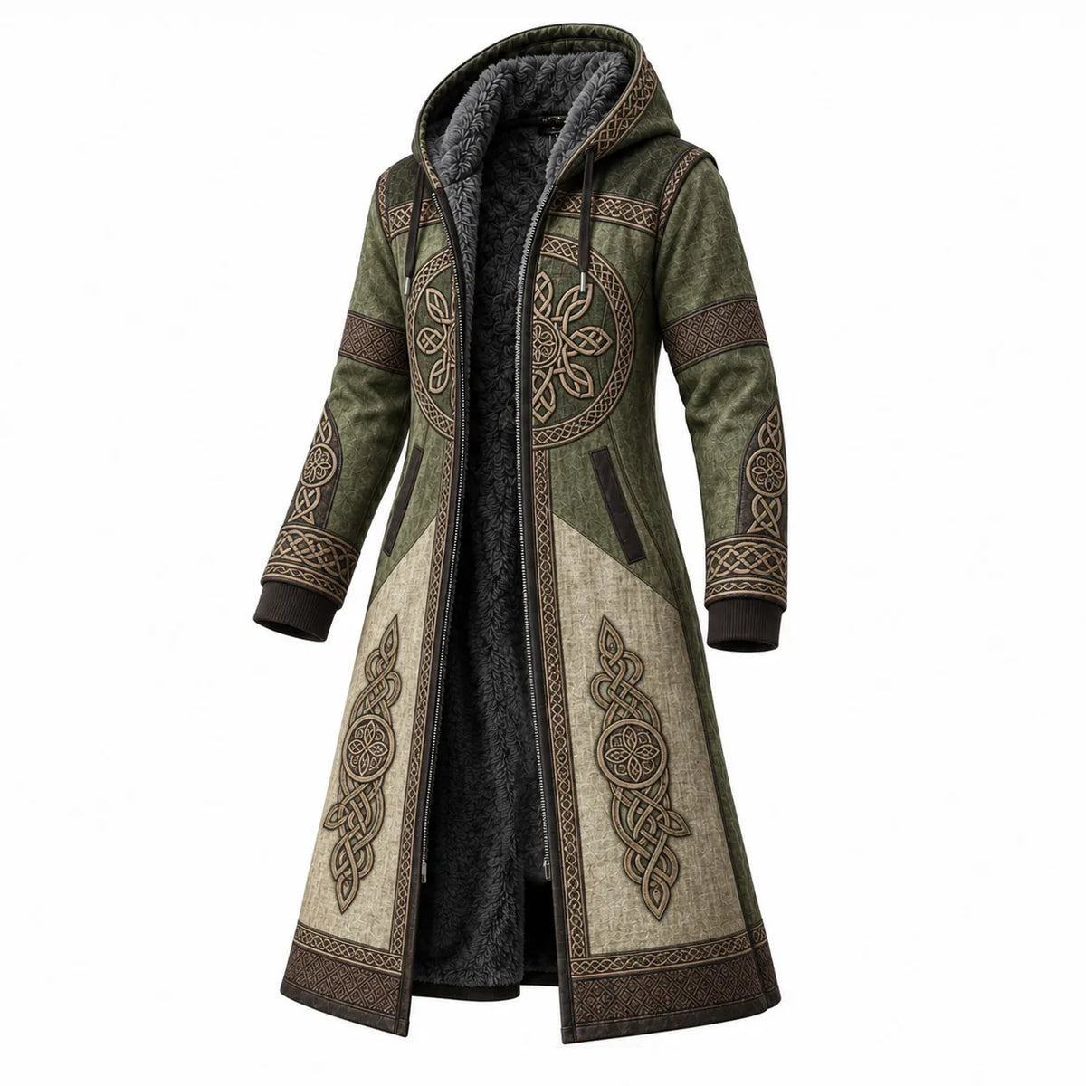 Olive Green Beige Nordic Pattern Longline Hooded Fleece Coat