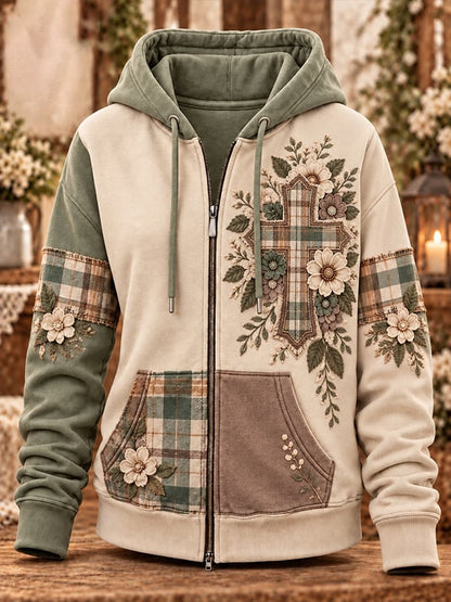 Women's Retro Camouflage Cross Pattern Patchwork Print Casual Hooded Sweatshirt