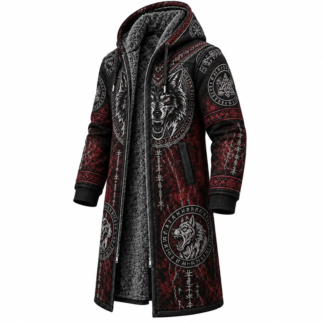 Black Viking Wolf Rune Fleece-Lined Long Coat