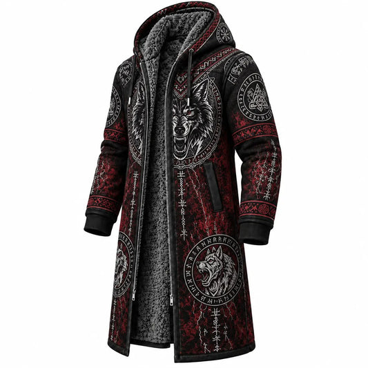 Black Viking Wolf Rune Fleece-Lined Long Coat