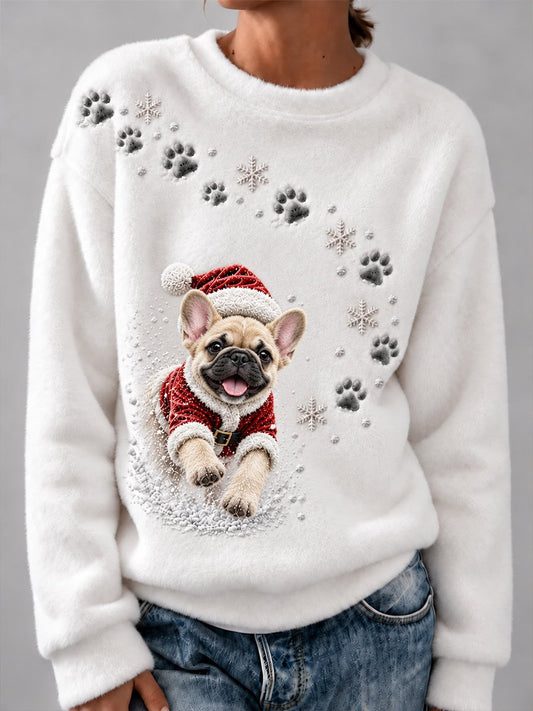 Women's Cute Christmas French Bulldog Print Comfortable Flannel Sweatshirt